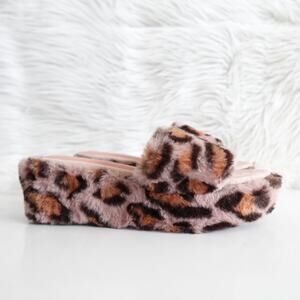Liliana Cute Fuzzy Y2K Aesthetic Pink Fluffy Leopard Platform Slide Sandals